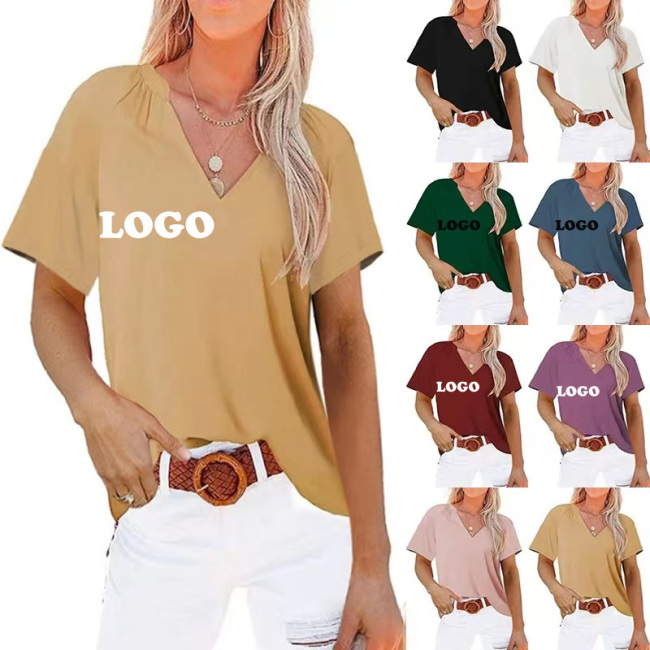 Conyson Low MOQ Stock Lots Summer Casual Fashion V Neck US Size Blank Polyester Custom Printing Women's Short Sleeves T-shirt