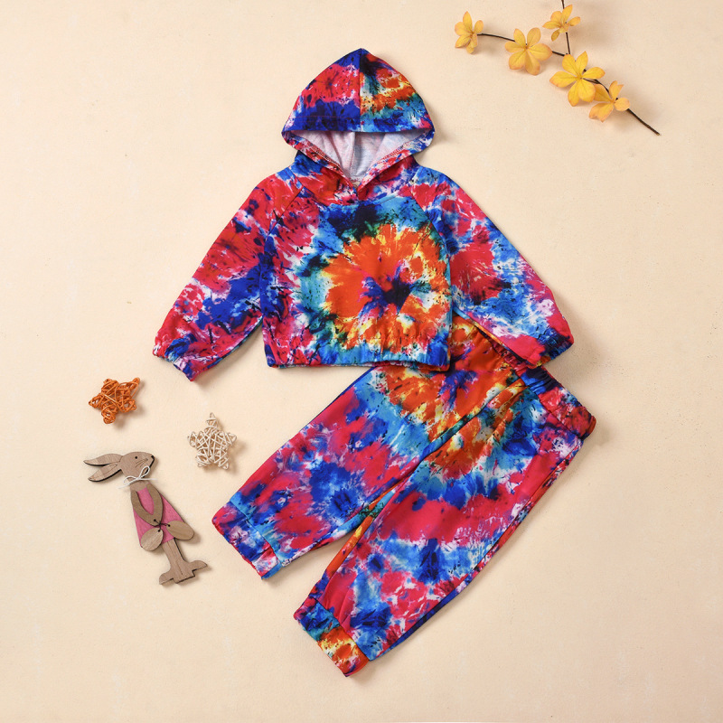 Factory Supply Wholesale Tie-Dye Elastic Knitted Kids Track Suits Little Baby Girls' Clothing Sets