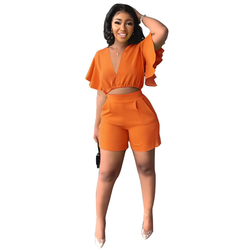 Custom 2023 Wholesale Summer Sexy Ruffled V-neck Top Fitness Outfit Seamless Puff Sleeve Cozy Two Pieces Matching Women Set