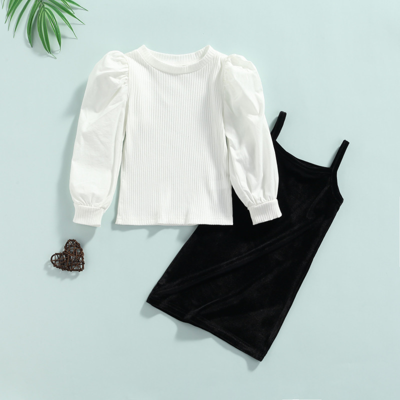 Conyson New Spring New Arrival Girls Fashion 2 Pieces Solid Long Puff Sleeve Knit T Shirts+Velvet Straight Suspender Dress