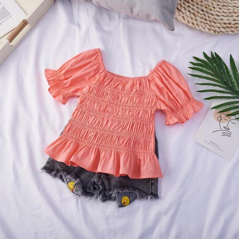 Conyson boutique Children's Kids Korean Fashion square Neck pure color Girl T-shirt fold Summer kids Girls clothing Tops T-shirt