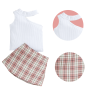 Conyson Wholesale Fashion Baby Girls Clothes Set Sleeveless Ribbed Hollow Shoulder Vest Tops+Plaid Printed A-Line Skirt Outfit