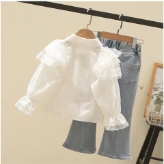 Conyson Wholesale Kids Clothes Fashion Kids Girls Clothes Sets 2pcs Solid Tops Hole Blue Denim Pants Casual Children Girl Outfit