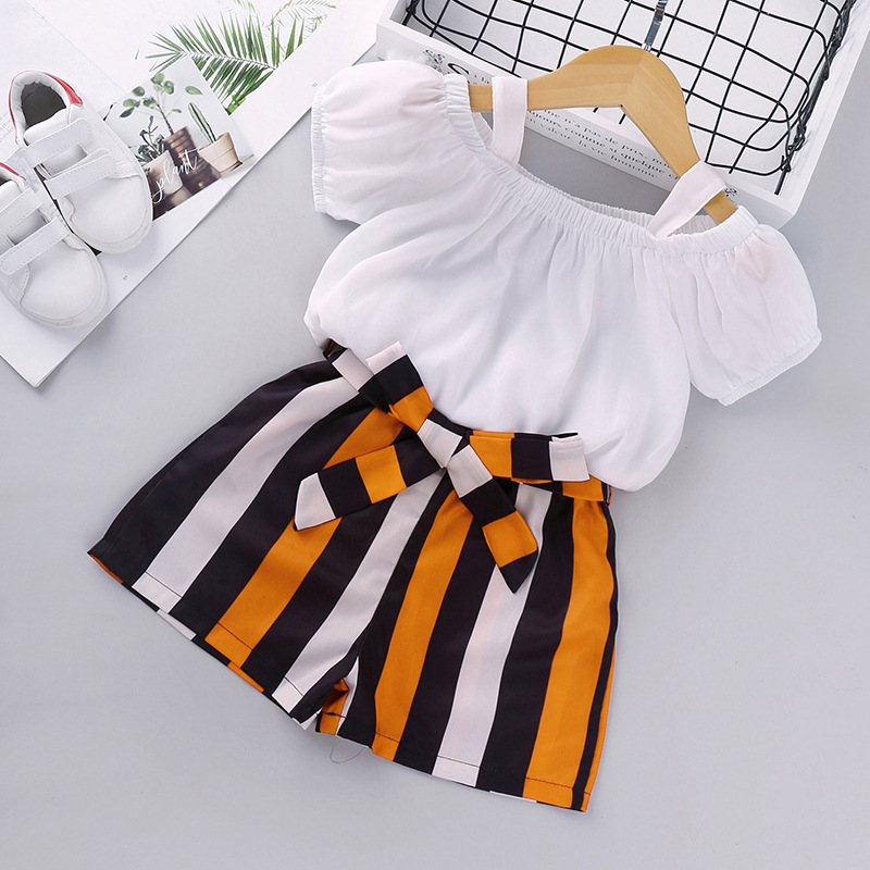 2021 hot selling summer cute fashion designed two-piece striped short sleeve striped baby girls clothes set children outfits
