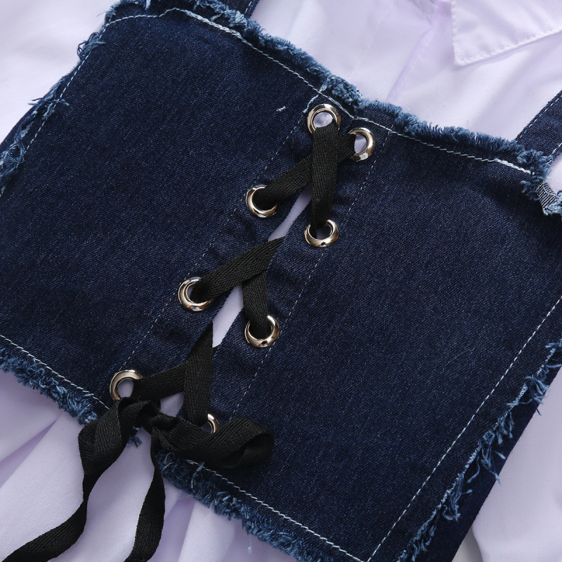 Casual Girl Child Dress Denim Sling Vest White Shirts Solid Kids Girl Outfits Long Sleeve