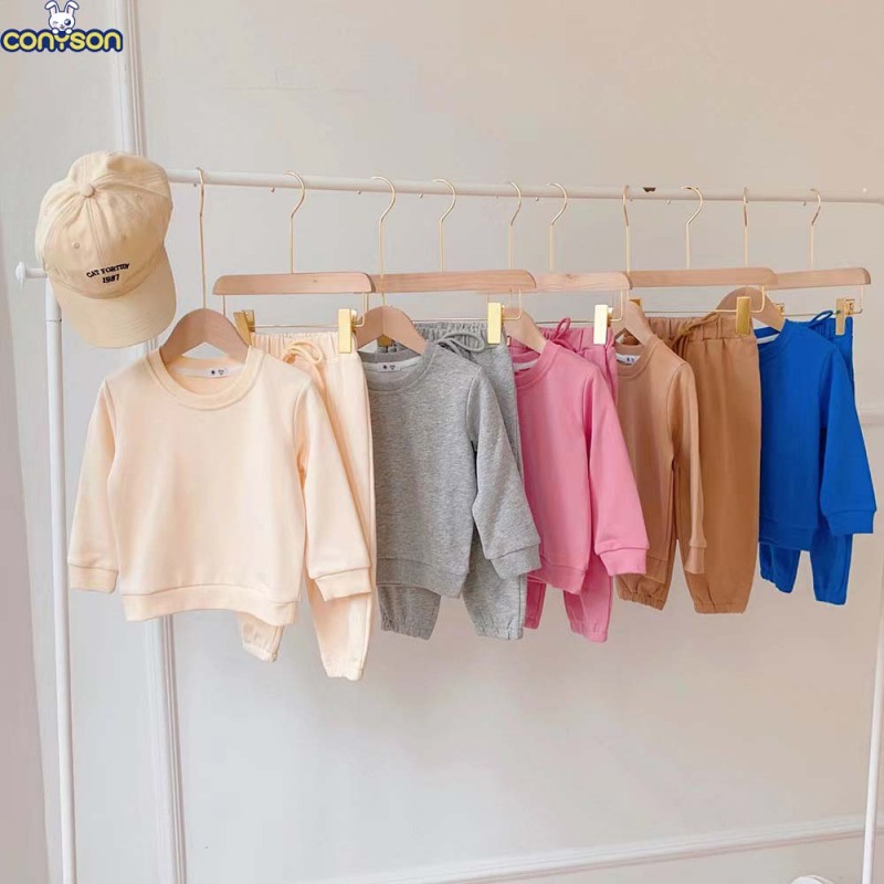 Conyson High Quality Spring Autumn kids Sports Wear Suits Long Sleeve Casual Girls Boys Solid Color Two Piece Kids Set