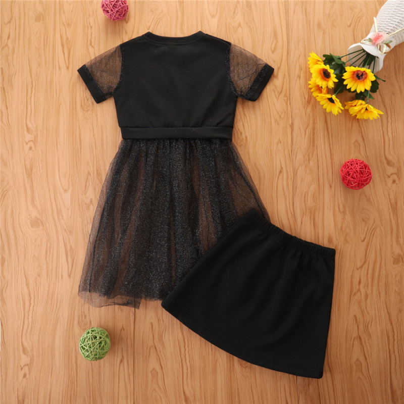 Conyson Wholesale Summer Casual Girl 2pcs Outfits Short Sleeves Mesh Black Letter Print Girls Star Sequins Tutu Dresses