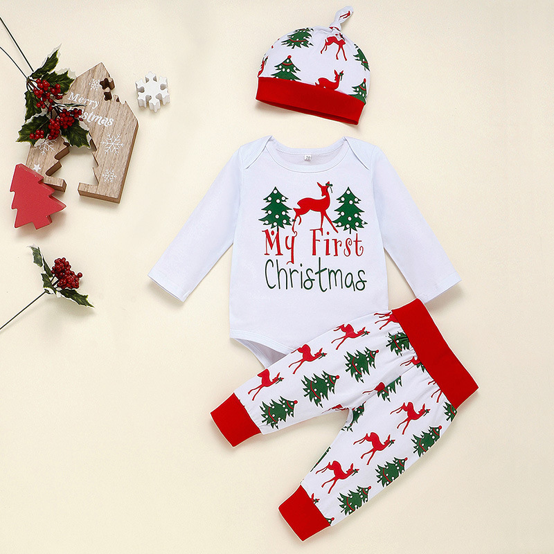 Conyson Baby Christmas Winter Organic Cotton Long Sleeve 3Pcs unisex Romper Jumpsuit Newborn Baby Girls Clothing Set For Toddler