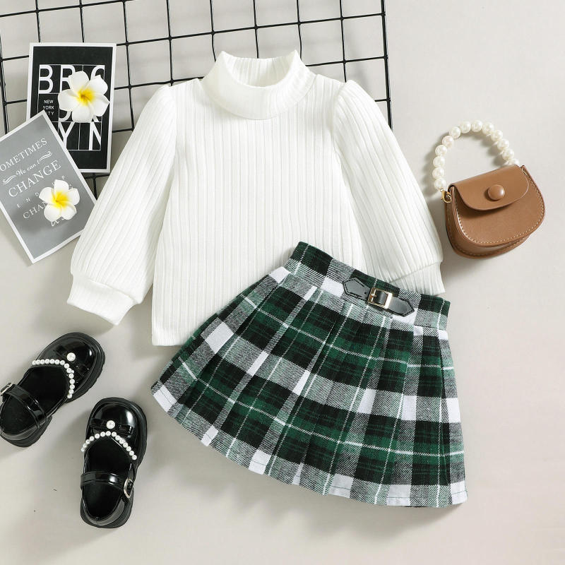 2022 Autumn Winter Kids Clothes Set Fashion Style High Collar Long Sleeve White Blouse Green Checkered Skirt 2Pcs Girls Outfits