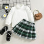 2022 Autumn Winter Kids Clothes Set Fashion Style High Collar Long Sleeve White Blouse Green Checkered Skirt 2Pcs Girls Outfits