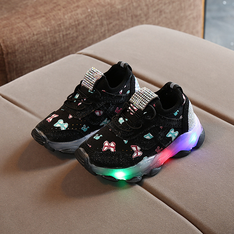 Conyson high quality korean summer fashion boutique toddler child baby shoes kid girl butterfly print led shining designer shoes