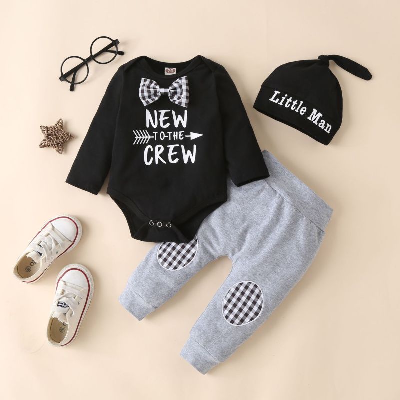 Conyson Autumn and Winter Kids Clothes Boys Long Sleeve Letter Printed Bowknot Embroidered Trousers Hat 3Pcs Clothes Set