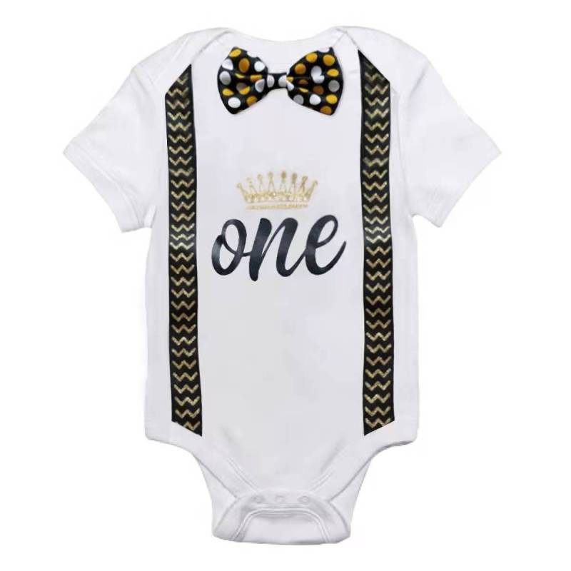 Conyson Summer Short Sleeve Gentleman Bowknot 12 Months Boy Outfits First Birthday Party Toddler Baby Boys Printed Rompers