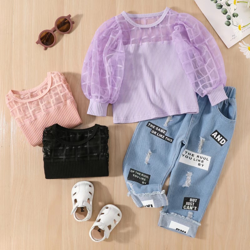 Wholesale spring autumn Mesh Solid Color Shirts Clothes hole pearl jeans sets Girl Fashion Outfits Girl Clothes Sets