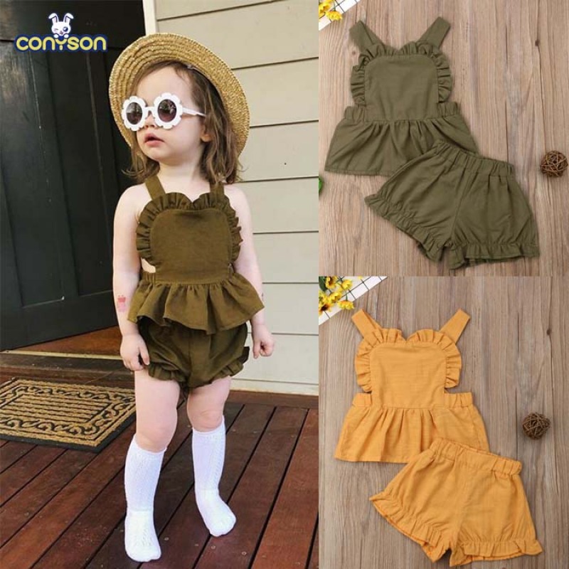 Conyson Summer baby girls ruffle shirt pp shorts 2pcs outfit infant sling tops shorts Outfit Toddler Kids Floral Newborn Set