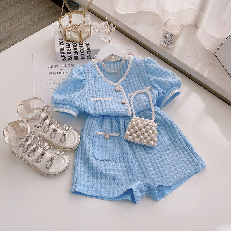 Conyson Hot Sale Toddler girl's suit new little girl fragrant style puff sleeve plaid top and skirt two-piece set