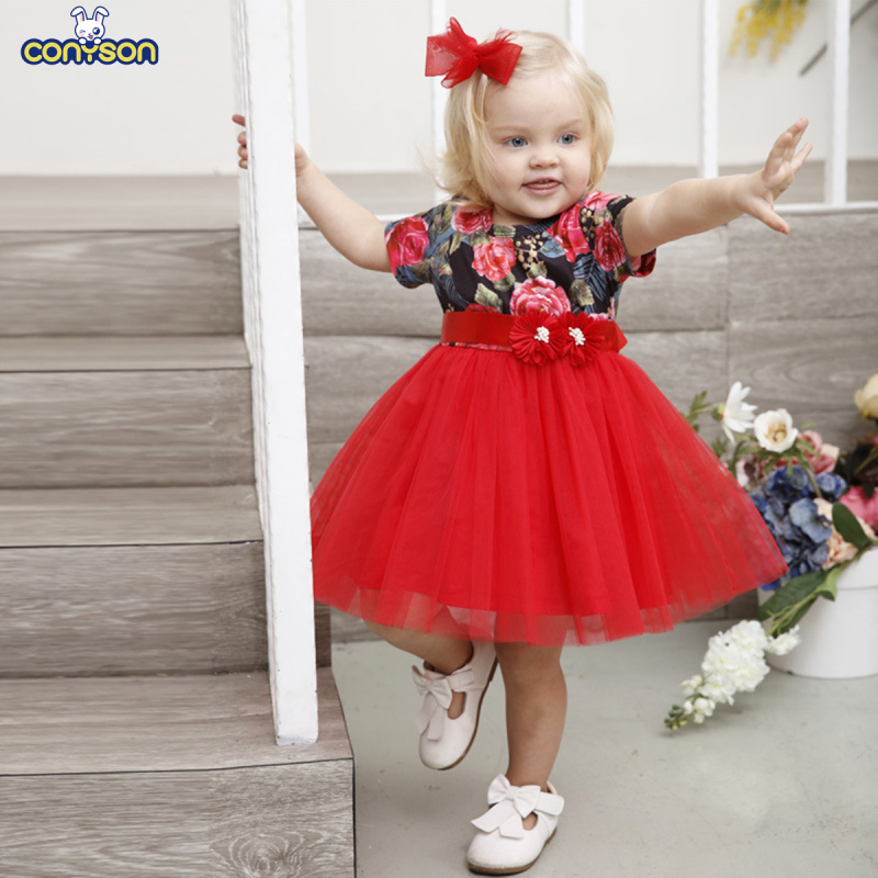 Conyson Hot Sale Western Style Girls Summer Christmas Gift Wedding Party Flowers Dress Elegant Crew Neck Baby Girls Tutu Dress