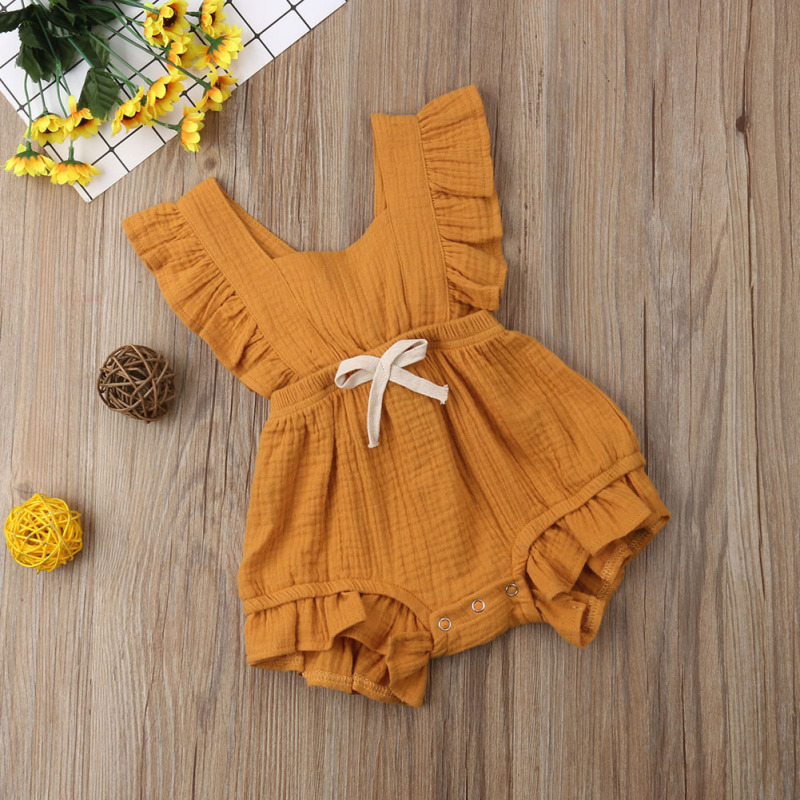 Wholesale Cotton Gauze Infant Flutter Sleeve Suit Baby Summer Clothing Rompers Sleeveless