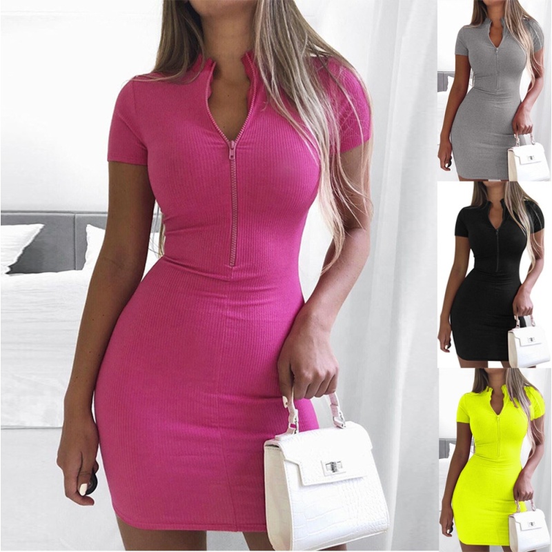 Conyson Clothing Custom Spot New High Neck Short Sleeve Bag Hip Knitted Skirt Woman Vintage Dresses Women Casual Zipper Dress