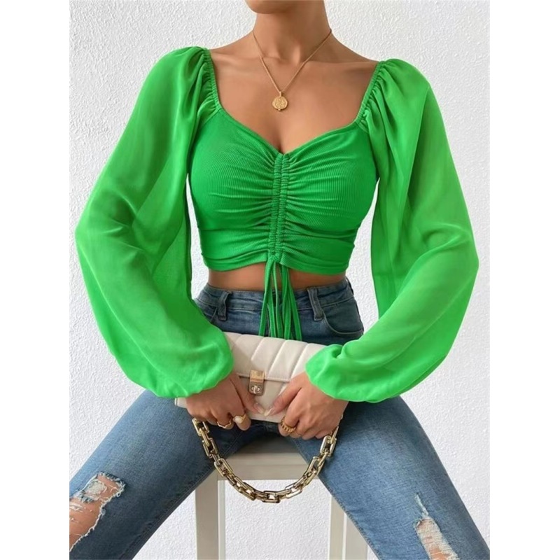 Conyson Fashion Spring Fall Long Sleeve Sexy Deep Square Neck Crop Top Chiffon Shirts Tops Short Women Lady Blouse Clothes