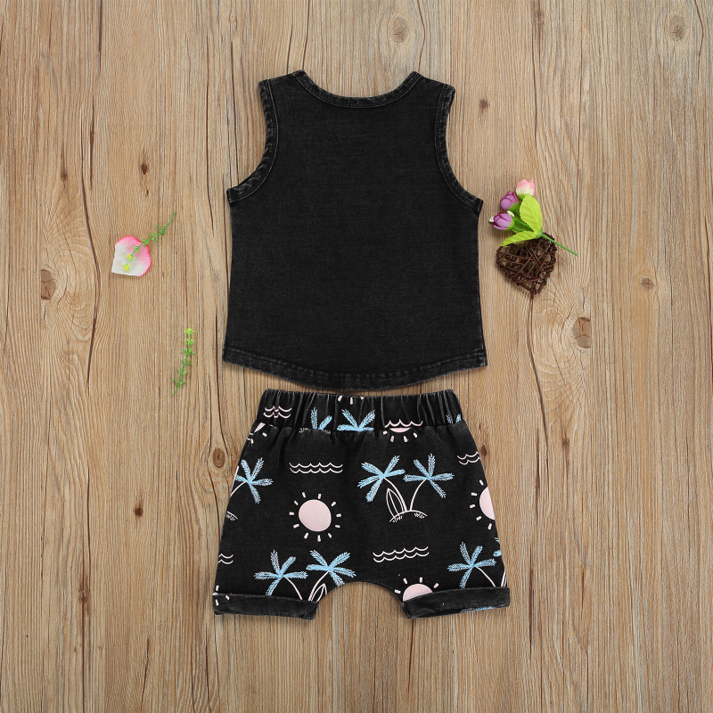 Conyson Wholesale Summer Causal Boys Clothes Sets Beachwear Trees Printed Sleeveless Pullover Vest Tops Shorts Kids Clothes Kid