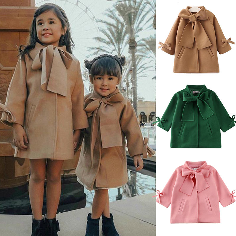Comyson Wholesale Warm Wear Solid Midi Children's Girl Jacket Korean Essential Bow Elegant Kids Girls Long Sleeve Dust Coat