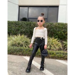 Conyson Wholesale Cotton Stationary New Children long sleeves Crop Top Outfit Square Collar Summer Boutique 2 pieces Girls Set
