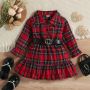 Christmas Princess Dress Brushed England Style Plaid Waist Belt Children Skirt Turn-down Collar Double Ruffle Lovely Party Cloth