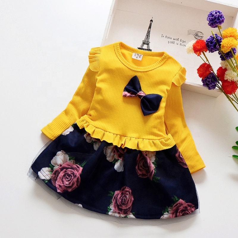 2021 New Girls Casual Little Floral Dresses Cute Bow Baby Girl Fall Clothes Girls Long Sleeve Dress