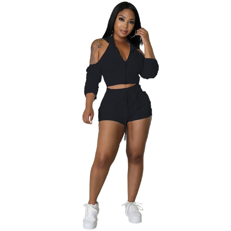 2023 Plus Size Wholesale Summer Sexy Cozy Jogger Outfit Women Zipper 2 Pieces Jacket Suit Women's Solid Color Zipper Fold  Set
