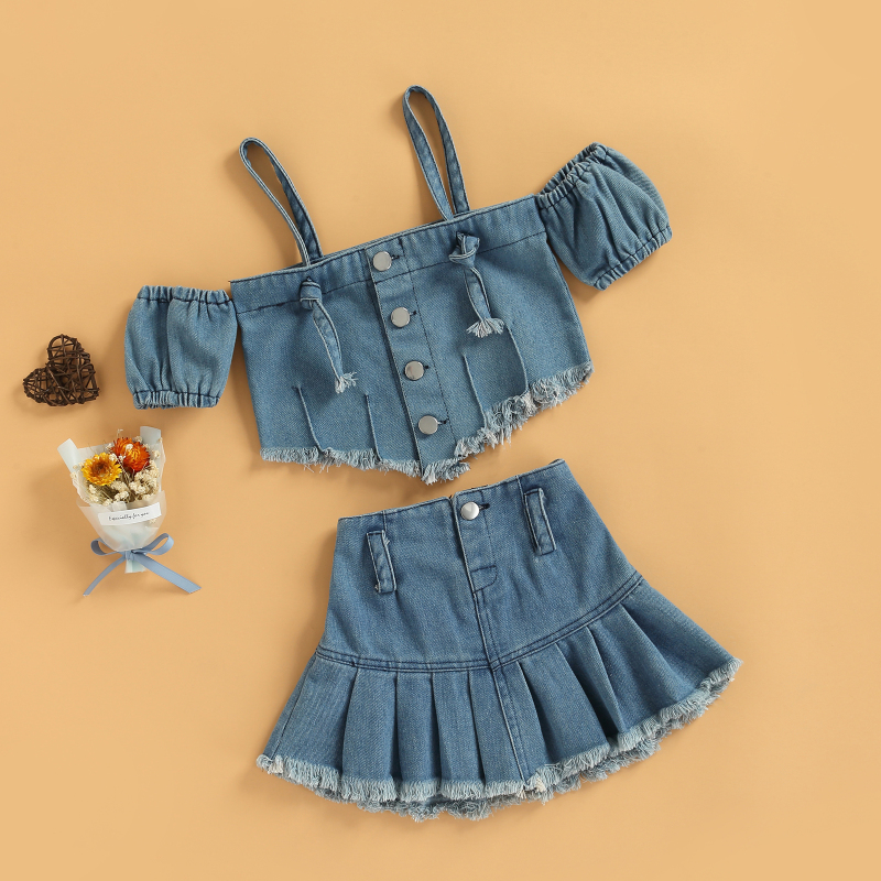 Conyson Summer Fashion Sleeveless Dresses Littler Girls Clothes Outfits Denim Shoulder Strap Bubble Sleeves Skirt 2pcs Girl Sets
