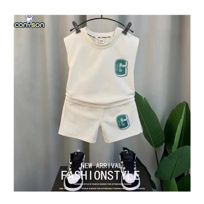 Conyson Wholesale Summer Baby Clothes Fashion Sleeveless Children Cartoon Printed Outfit Kids Clothing Boys' Two Piece Short Set