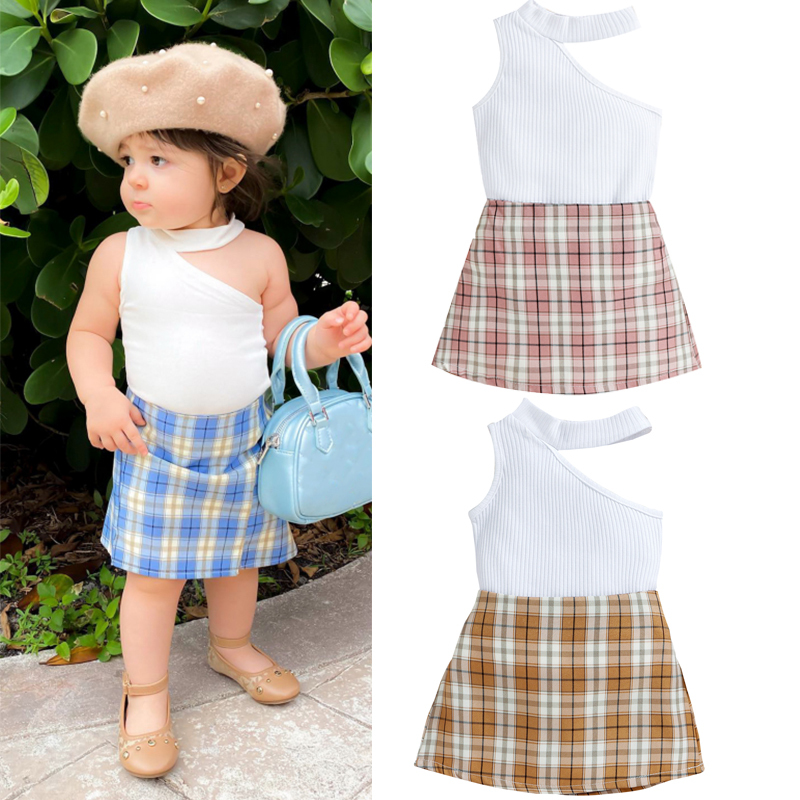 Conyson Wholesale Fashion Baby Girls Clothes Set Sleeveless Ribbed Hollow Shoulder Vest Tops+Plaid Printed A-Line Skirt Outfit