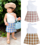 Conyson Wholesale Fashion Baby Girls Clothes Set Sleeveless Ribbed Hollow Shoulder Vest Tops+Plaid Printed A-Line Skirt Outfit