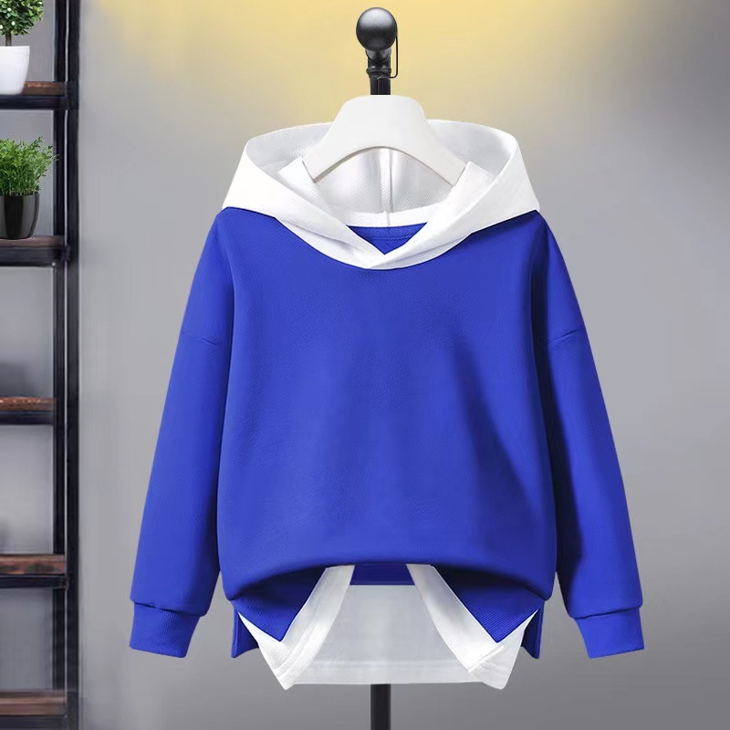 Wholesale Custom Logo Unisex Kids Hoodie Sweater Splicing Stitching Color Assumes Two Pieces Casual Sports Tops Upper Garments