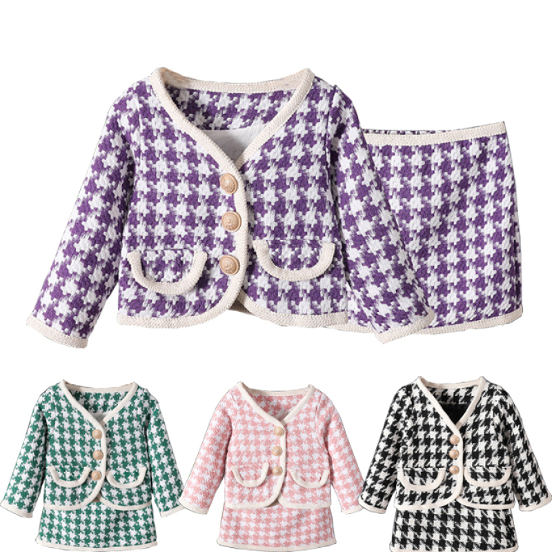 Conyson hot sale rts New fashion korea cotton Dress Baby kids designer Fall Clothes Girls clothing Long Sleeve short plaid skirt