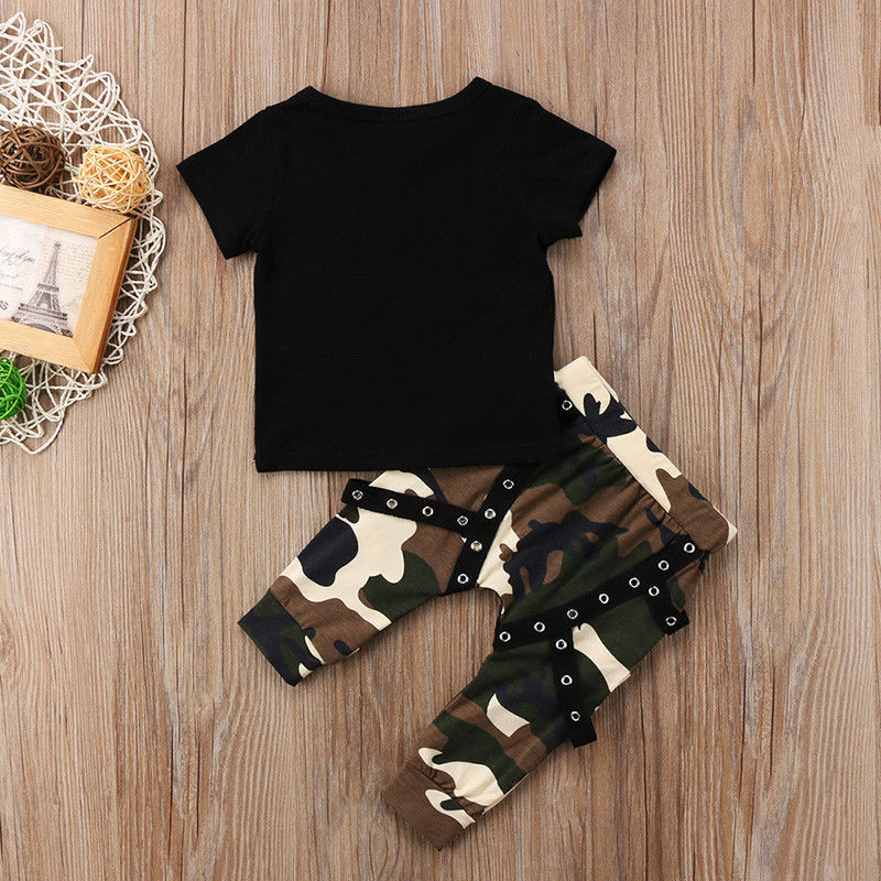 Conyson Baby Boys Camouflage Long Pants+Black T-shirt Suit Sets Kids Boy Crown King Print Short Sleeve Tops Two-Piece Outfits