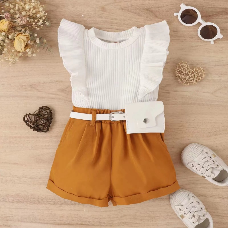 Conyson New Design Custom Ruffle Pit Strip Cotton Fabric Flying Sleeve With Bag Baby Girl Two Piece Spring Summer Short Set