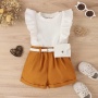 Conyson New Design Custom Ruffle Pit Strip Cotton Fabric Flying Sleeve With Bag Baby Girl Two Piece Spring Summer Short Set