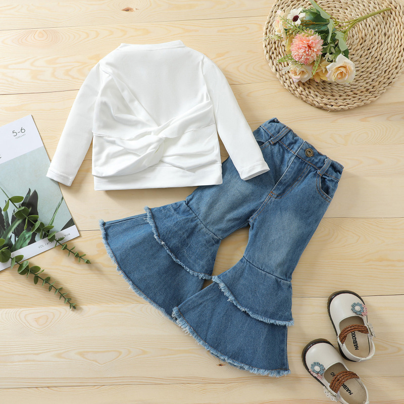 Conyson Designer Long Sleeve White Pullover Top Long Denim Jeans Elastic Waist Trousers Children Girls Clothes Outfit Suits