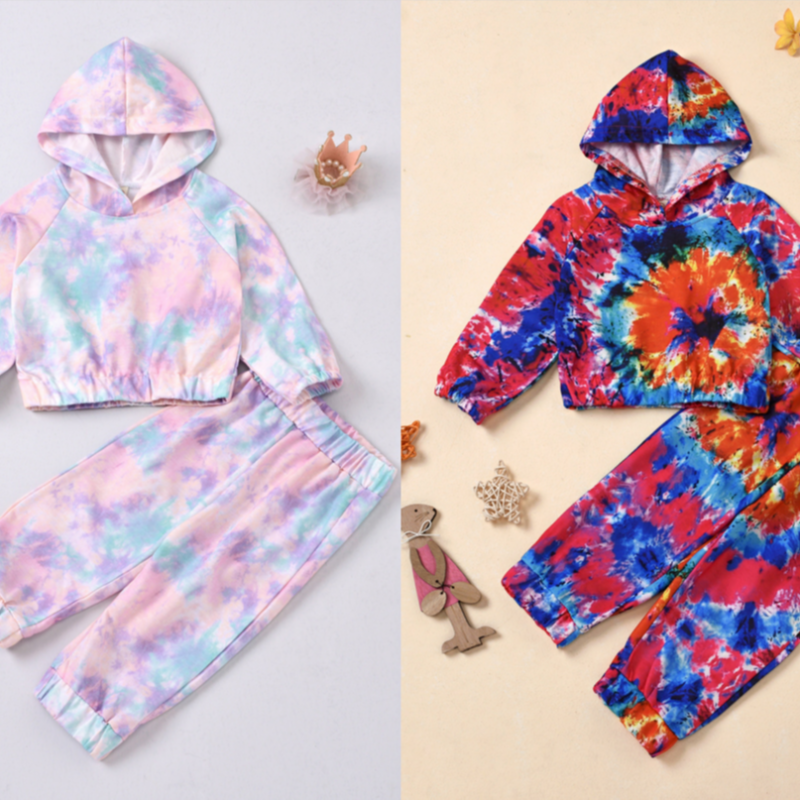 Factory Supply Wholesale Tie-Dye Elastic Knitted Kids Track Suits Little Baby Girls' Clothing Sets