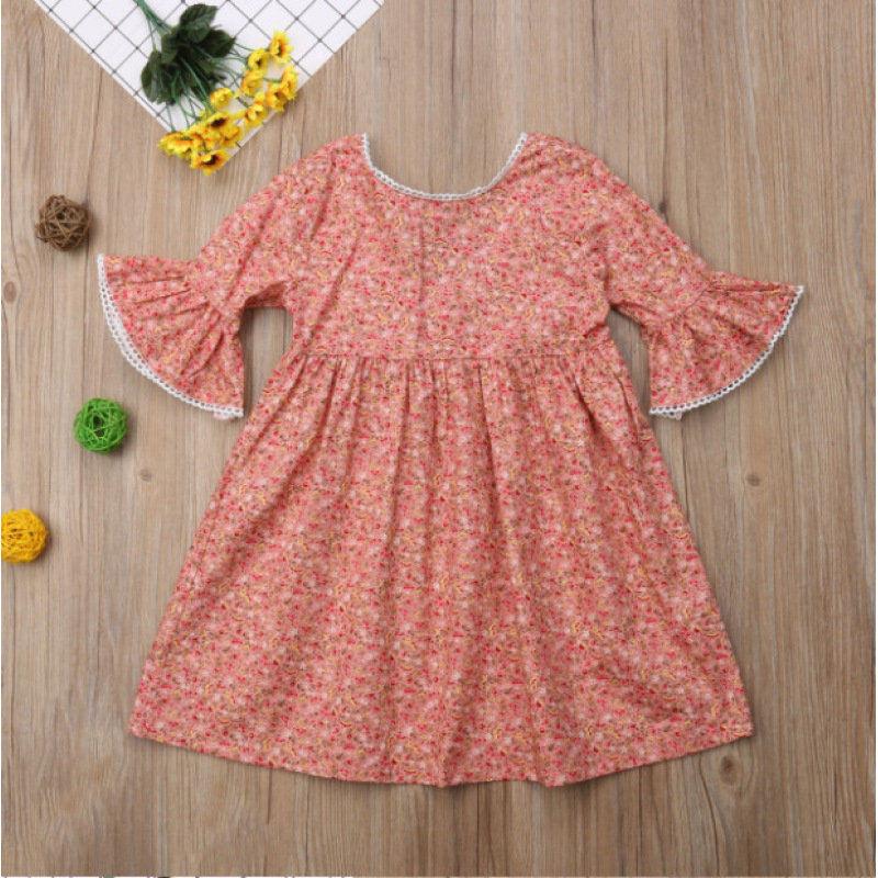 Conyson Summer Flower Kids Girls Dress Flare Sleeves Lace Casual Children Girl Cotton Pink Sweet Elegant 2-6Y Girls Dresses