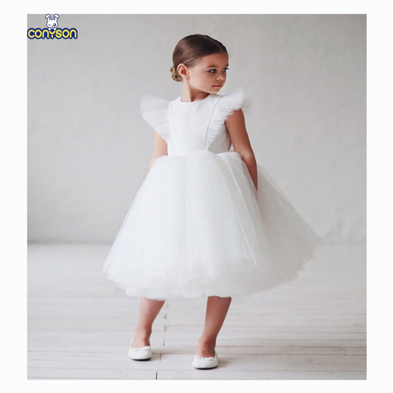 Conyson high quality costume elegant summer boutique yarn flying sleeve dancing princess dresses tulle host evening dress
