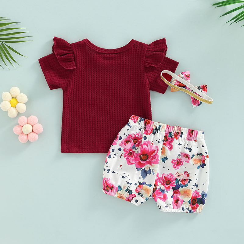 Conyson Summer Cute Baby Girls Summer 3Pcs Clothes Sets Solid Color Short Sleeve T-shirt + Floral Lantern Shorts Headband Sets