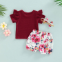 Conyson Summer Cute Baby Girls Summer 3Pcs Clothes Sets Solid Color Short Sleeve T-shirt + Floral Lantern Shorts Headband Sets