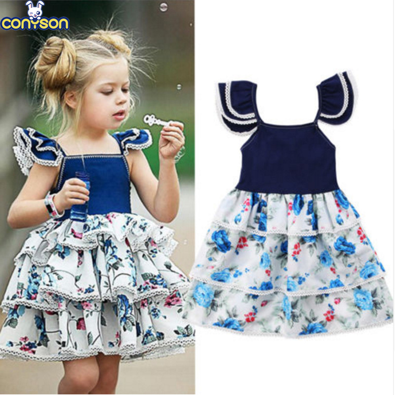 Conyson Wholesale Hot Kids Clothes Baby Little Durable Girls Casual Elegant Print Summer Embroidery Children Clothes Flower Kids