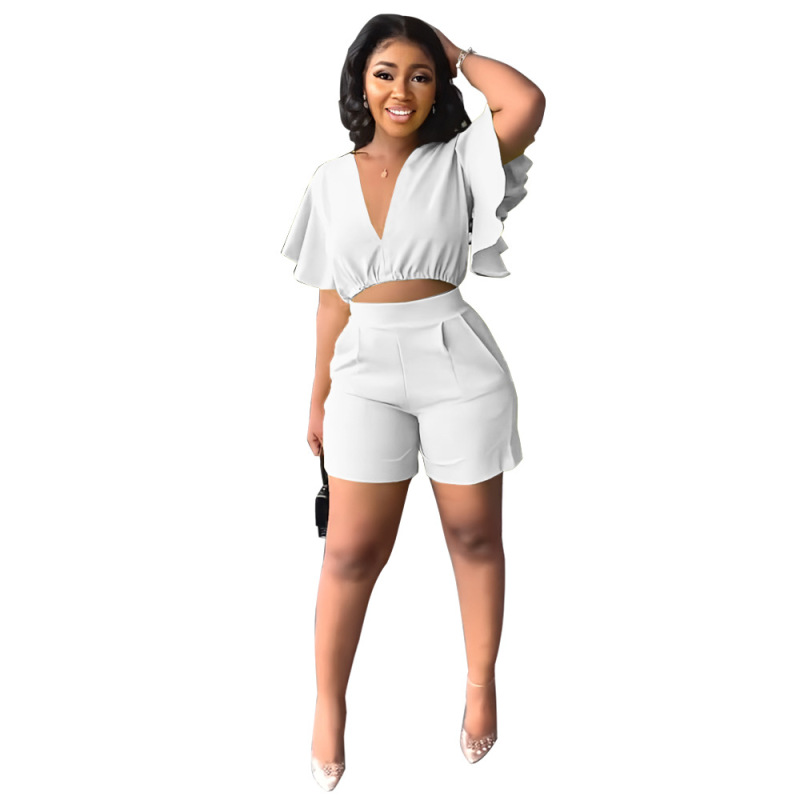 Custom 2023 Wholesale Summer Sexy Ruffled V-neck Top Fitness Outfit Seamless Puff Sleeve Cozy Two Pieces Matching Women Set