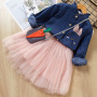 Conyson Long Sleeve Cartoon Embroidered Denim Shirt Suit Skirt + bag 3Pcs Girls Dress kids clothing Sets