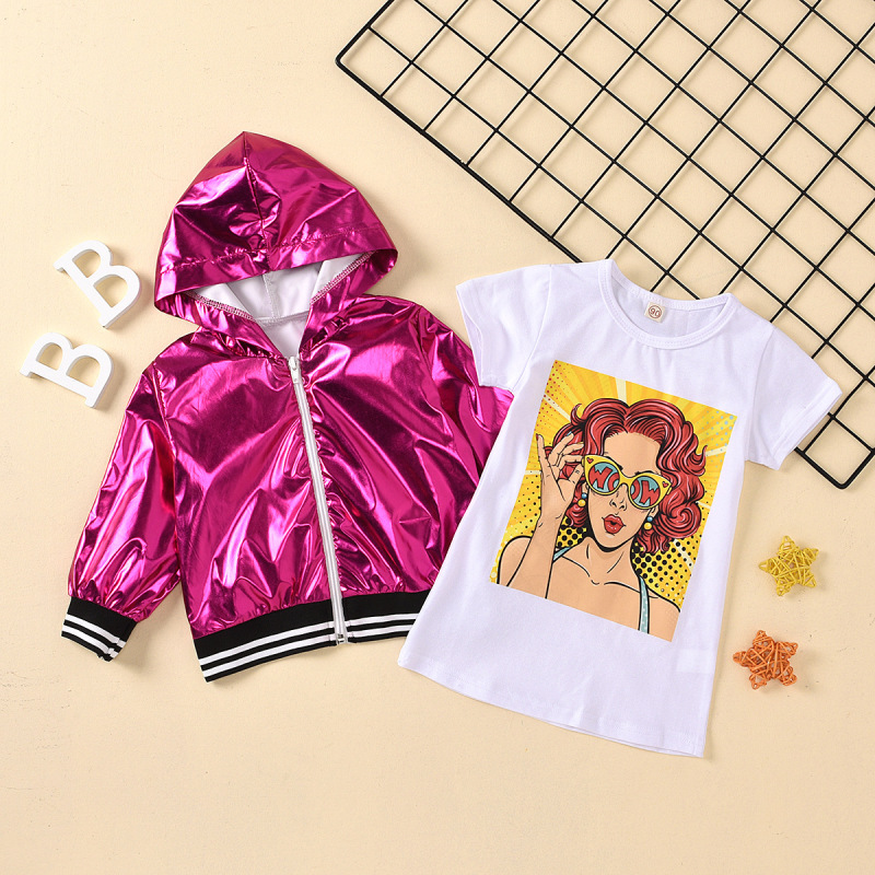 Conyson Wholesale Hot Autumn Bright Gold Stamping Hooded Coat + Long Sleeve Cartoon Printed T-shirt Skirt 2pcs Girls Clothes Set