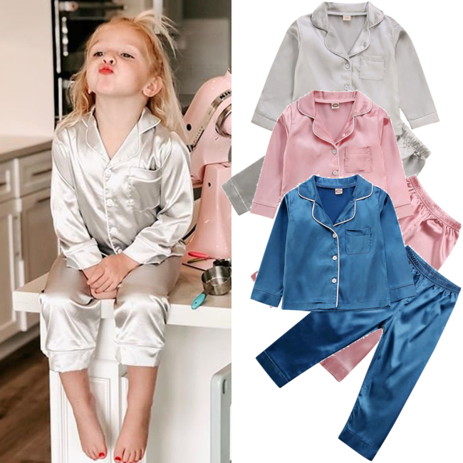 Winter Long Sleeve Polyester Custom Kids  Satin Pajamas Blank Pajama Sets Girls' Sleepwear